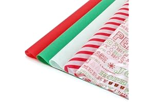 LOADSFUN 120 Sheets Christmas Tissue Paper for Gift Bags, Christmas Wrapping Paper Bulk Assorted Design Gift Xmas Tissue Paper, Red Green White Tissue Paper for Holiday Crafts (Red Green Letters)