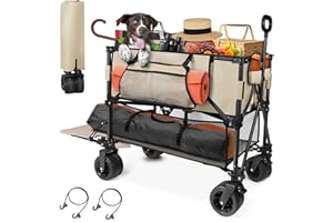 HOPERAN 54" Double Decker Wagon Cart with Wheels Foldable, 400L Large Capacity Collapsible Wagon, 550LBS Load Heavy Duty Wagons Carts Foldable, Extra Long Folding Wagon, Beach Wagon for Camping（Khaki）