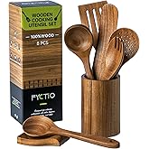 8 PCS Wooden Utensil Set with Holder, Spoon Rest, Durable Wooden Spoons for Cooking, Heat-Resistant, Comfort Grip,Easy to Clean, Non-stick Friendly, Ideal for Gifting