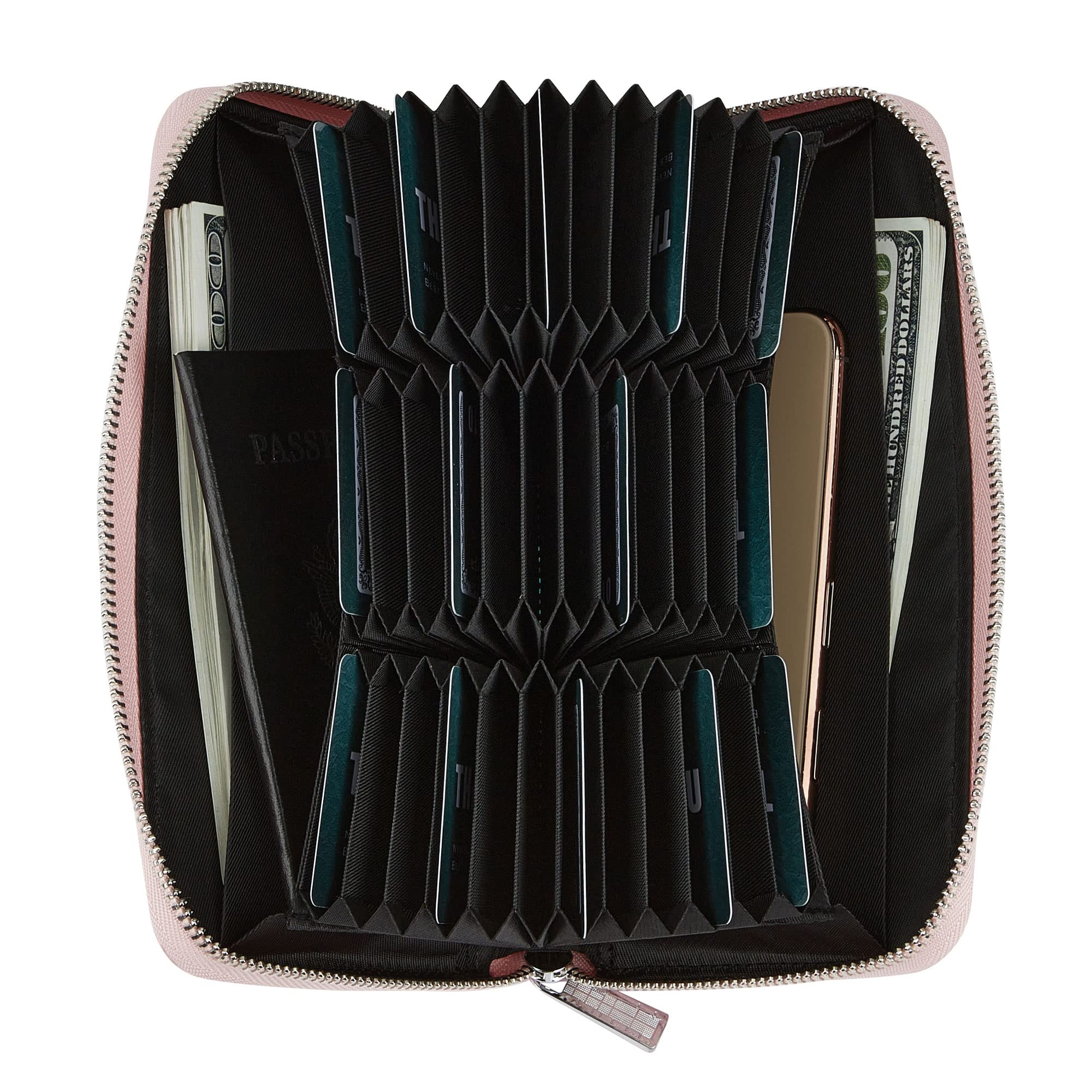 Cynure Women 36 Slots RFID Blocking Card Holder Large Long Leather Zipper Checkbook Accordion Wallet,Pink