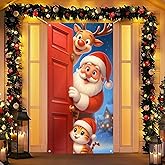BlissYard Merry Christmas Door Cover 71x35 Inch Front Porch Door Banners Decoration Winter Santa Claus Reindeer Cat Cartoon Gift Scene for Sign Party Indoor Decor