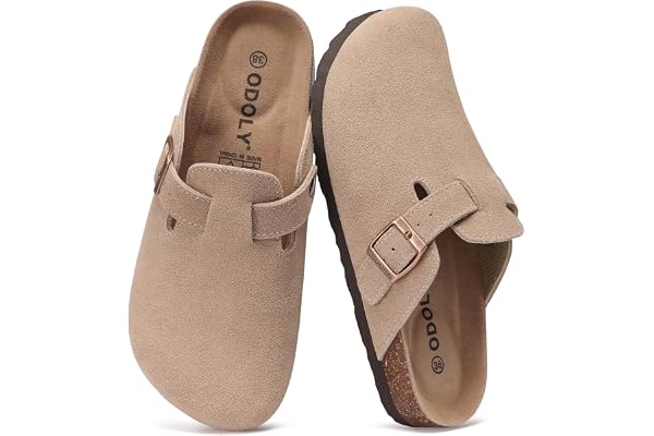 ODOLY Genuine Suede Clogs for Women Men Soft Cork Footbed Leather Mules Comfort Potato Shoes with Arch Support