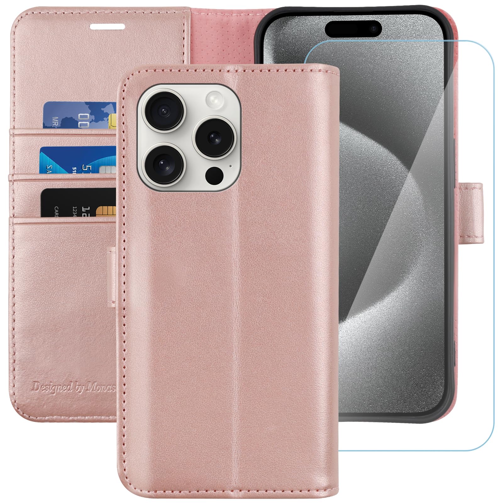 MONASAY for iPhone 15 Pro 5G Wallet Case, [Glass Screen Protector Included] [RFID Blocking] Flip Folio Leather Cell Phone Cover with Credit Card Holder, 6.1-inch, Rosegold