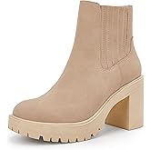 Syktkmx Womens Platform Chelsea Ankle Boots Lug Sole Chunky Block Heel Slip On Accordion High Top Western Booties