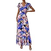 PRETTYGARDEN Wedding Guest Dresses for Women 2026 Spring Summer Short Sleeve Ruffle V Neck Floral Flowy Beach Maxi Long Dress