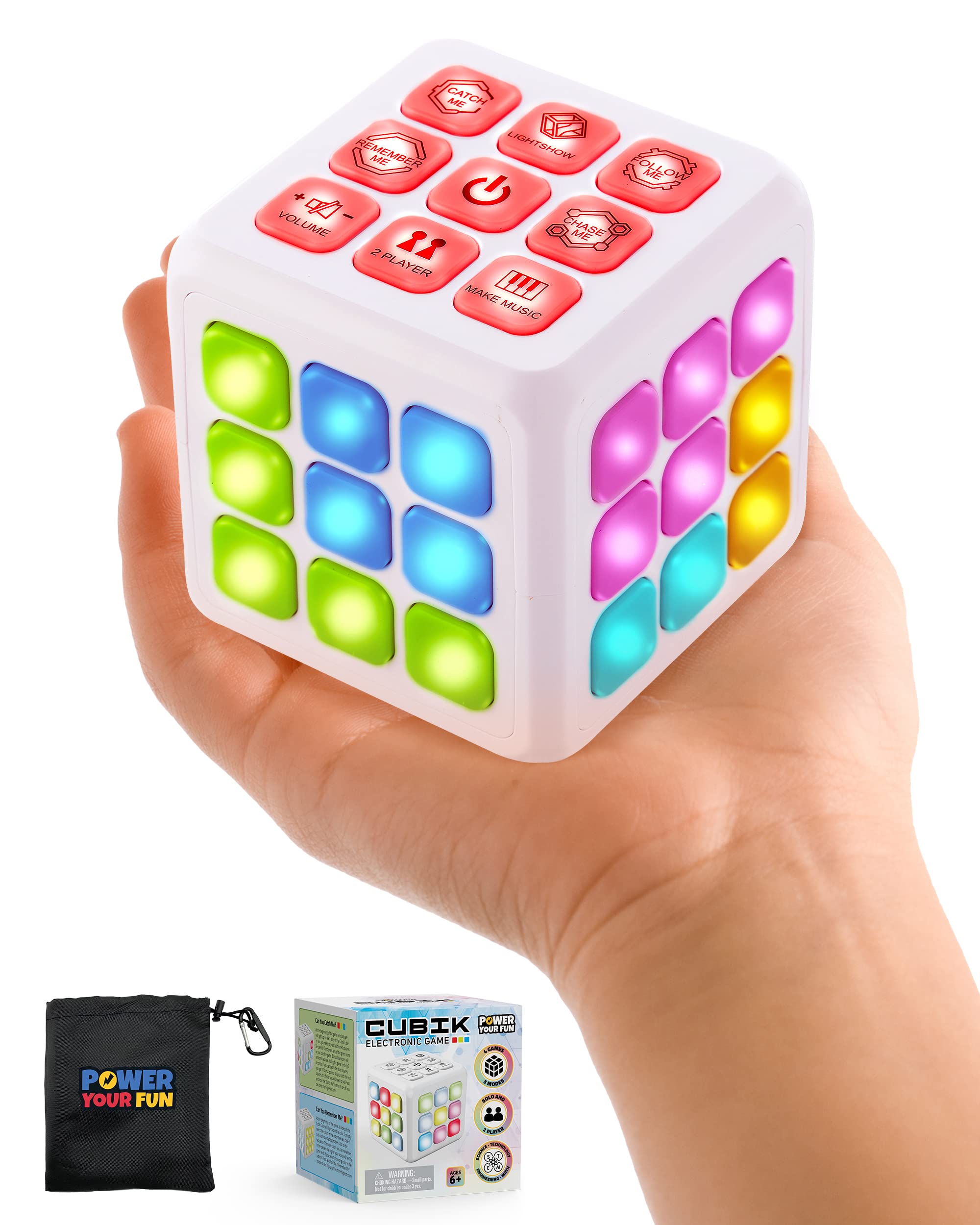 Power Your Fun Cubik LED Flashing Cube Memory Game - Electronic Handheld Game, 5 Brain Memory Games for Kids STEM Sensory Toy Brain Play 3D Puzzle Fidget Light Up Cube Stress Relief Fidget Toy (White)