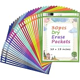 Antner 30 Pack Oversized Dry Erase Pockets Sleeves Reusable Ticket Holders, Clear Plastic Sheet Page Protectors, Heavy Duty Work Pockets School Teacher Classroom Office Organization Supplies, 10 Color
