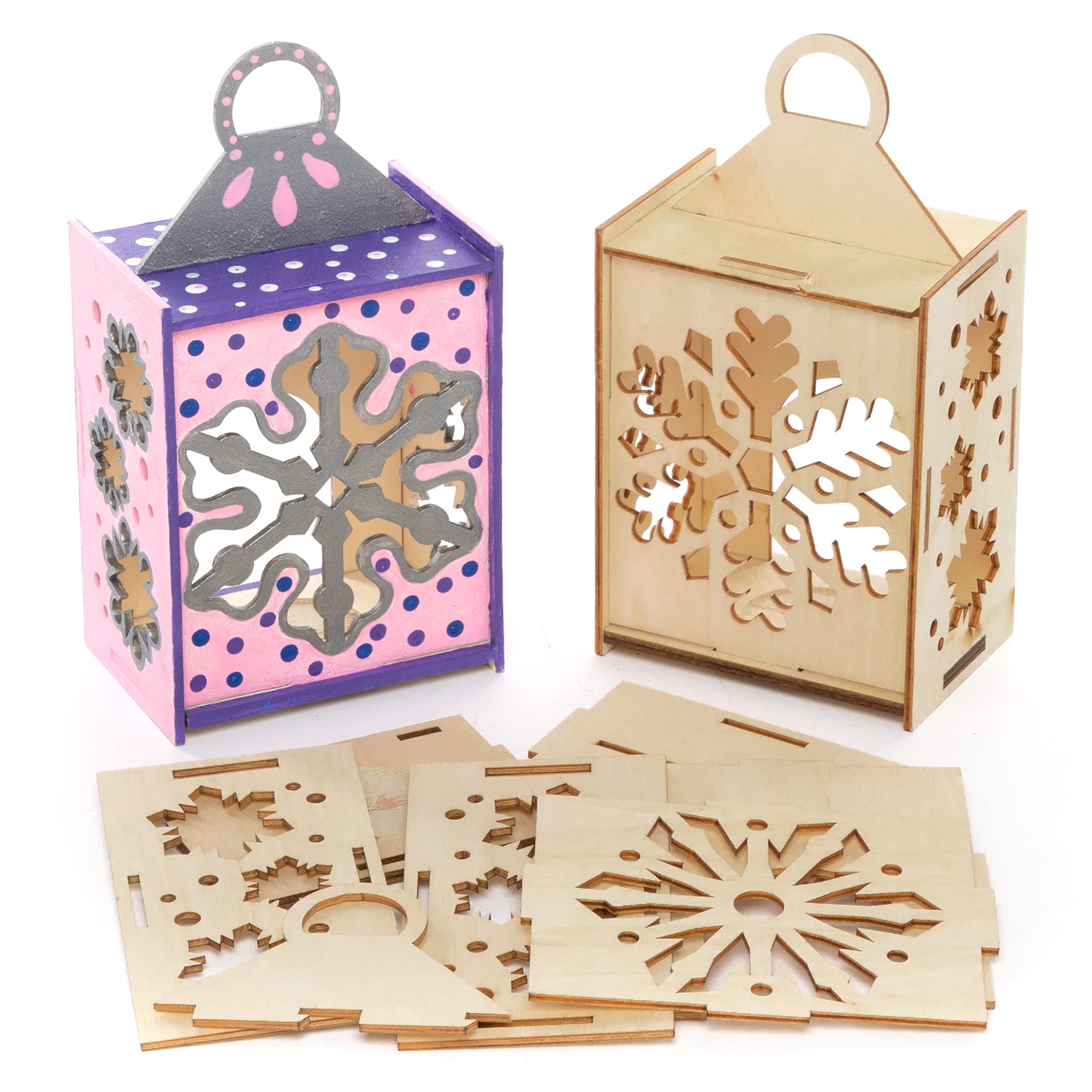 Baker Ross FE887 Snowflake Wooden Lantern - Pack of 3, Winter Wooden Craft Set for Children, Arts and Crafts for Kids Christmas Activities for Kids to Colour In, Decorate and Display