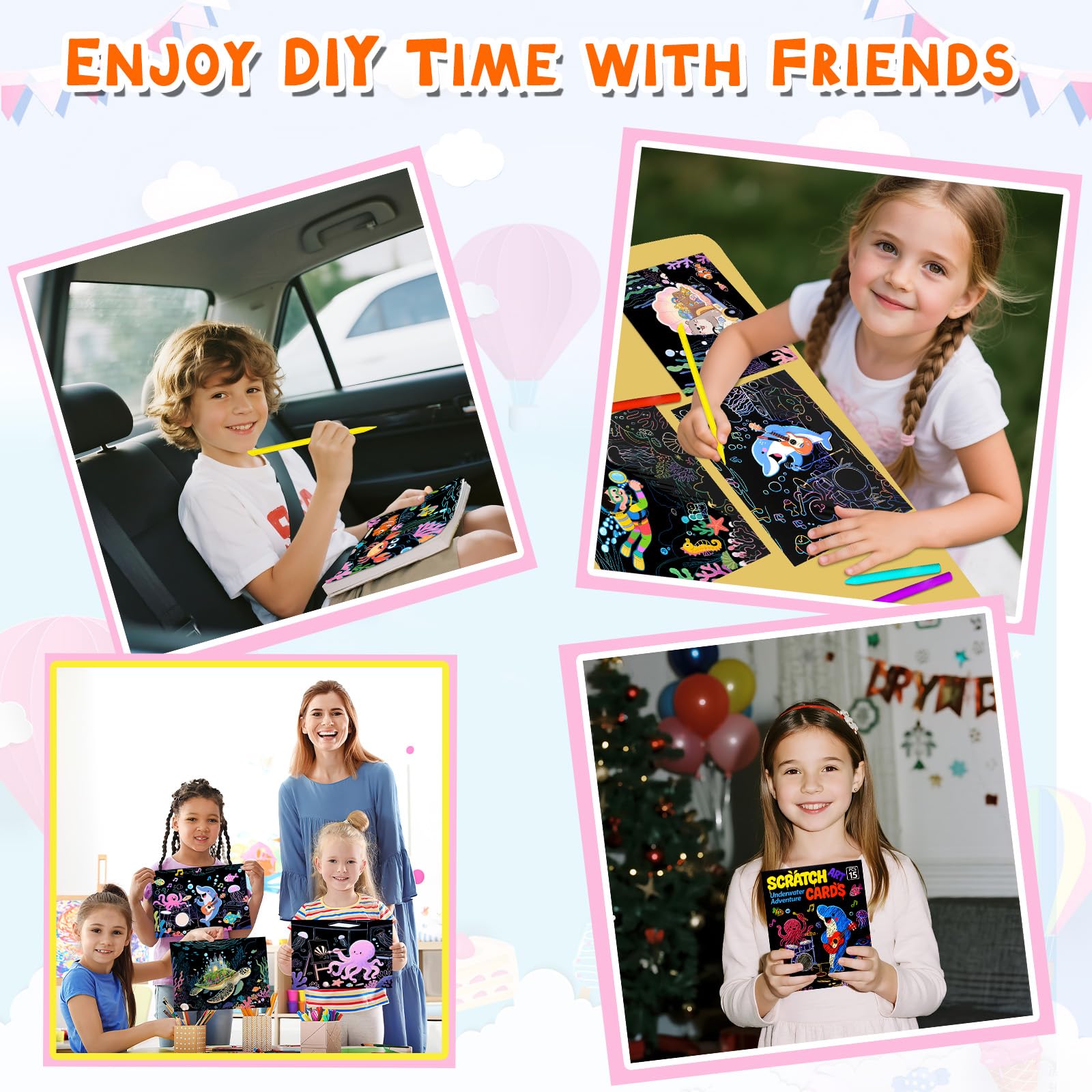 KSIWRE 15PCS Magic Scratch Paper Art Set, Underwater World Adventure Theme Drawing Art Book with Scrach Pen