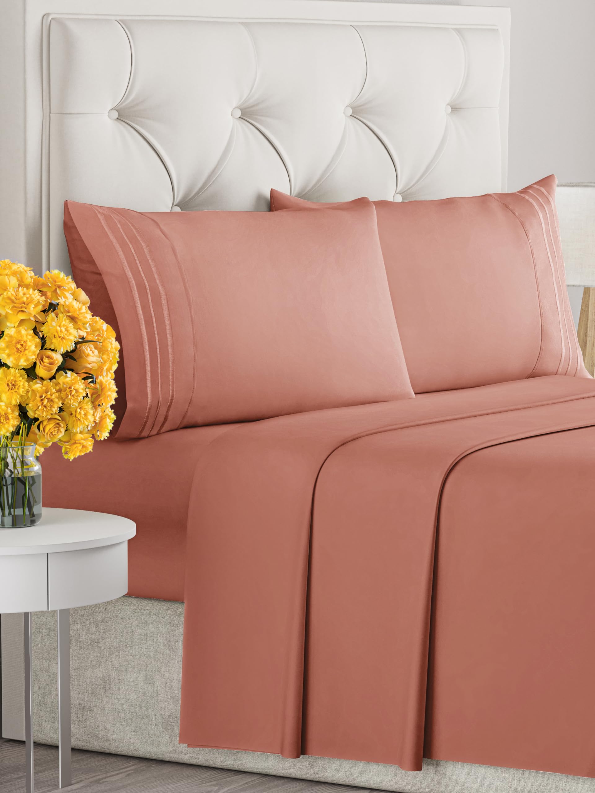 Photo 1 of Queen Size 4 Piece Sheet Set - Extra Soft, Breathable & Cooling Sheets - Hotel Luxury Durable Bed Sheets for Women & Men - Deep Pockets, Easy-Fit & Wrinkle-Free Sheets - Warm Peach Oeko-Tex Bed Sheets
