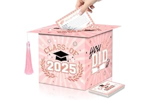 ERWEICET Class of 2025 Graduation Card Box Rose Gold Congrats Grad Cap Shaped Card Holder Boxes with Tassel and 48 PCS Advice Wishes Cards for 2025 High School College Centerpiece Ceremony Graduation Party