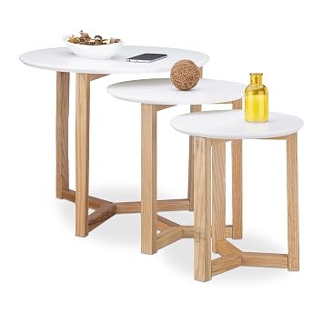 Relaxdays Beistelltisch 3er Set Geöltes Eichen Holz Weiße