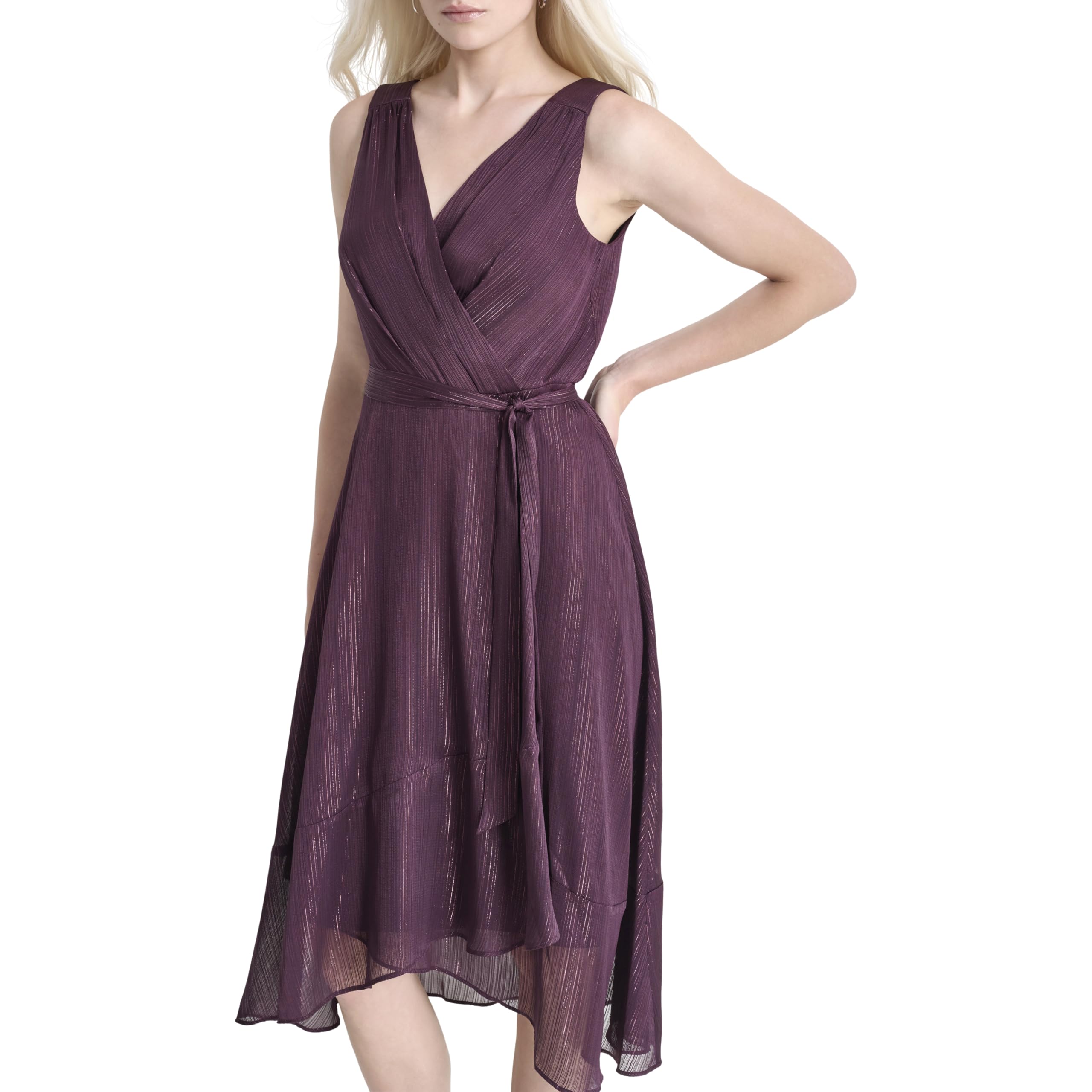 DKNY Women’s Sleeveless Tie Fit & Flare Midi Dress, Raisin