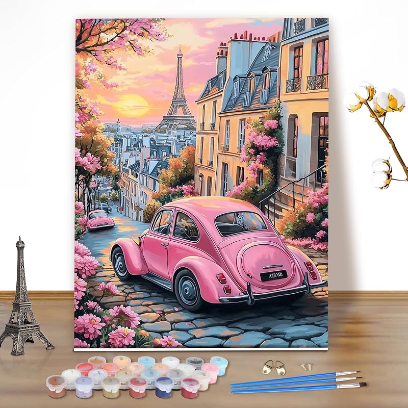 Malen Nach Zahlen Erwachsene Paris bei Sonnenuntergang, DIY Set Handgemalt Ölgemälde Kit für Anfänger Mit 3 Pinseln und Acrylfarbe, Geschenke und Home Haus Deko 40x50cm(Ohne Rahmen) — Foto 1 von 7
