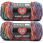 Red Heart Super Saver Bitty Stripes Crochet Yarn, Crayon Box, 2-Pack | #4 Medium Worsted 100% Acrylic Self-Striping Yarn for Knitting, Blankets, Hats, Scarves, and Sweaters, 515 yards, 283g/10oz