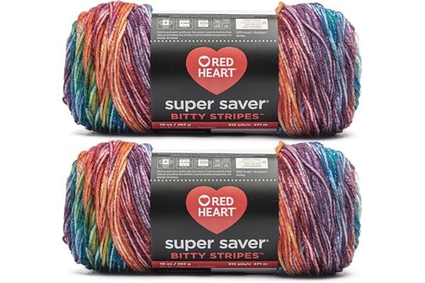 Red Heart Super Saver Bitty Stripes Crayon Box Yarn - 2 Pack of 10oz/283g - 100% Acrylic - #4 Worsted (Medium) - 515 Yards - Knitting/Crochet
