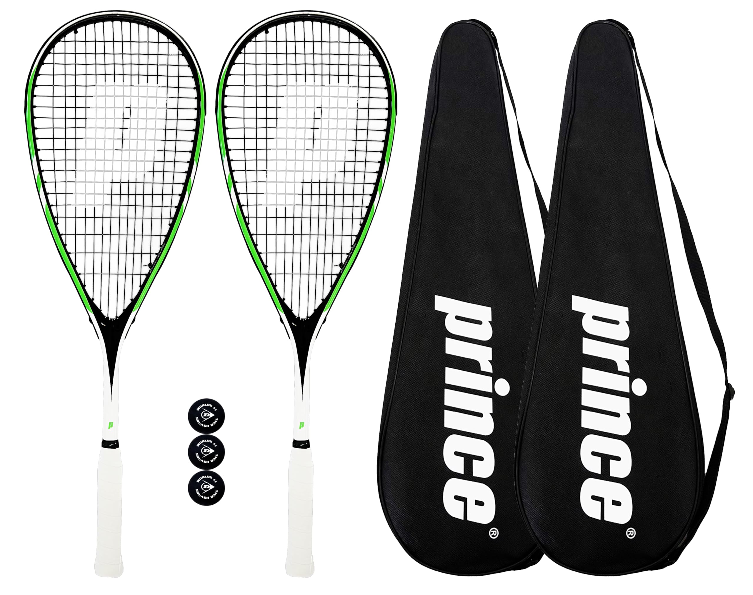 Prince Team Beast 400 Squash Racket Twin Set, Full Length Protective Squash Racket Covers & 3 Squash Balls