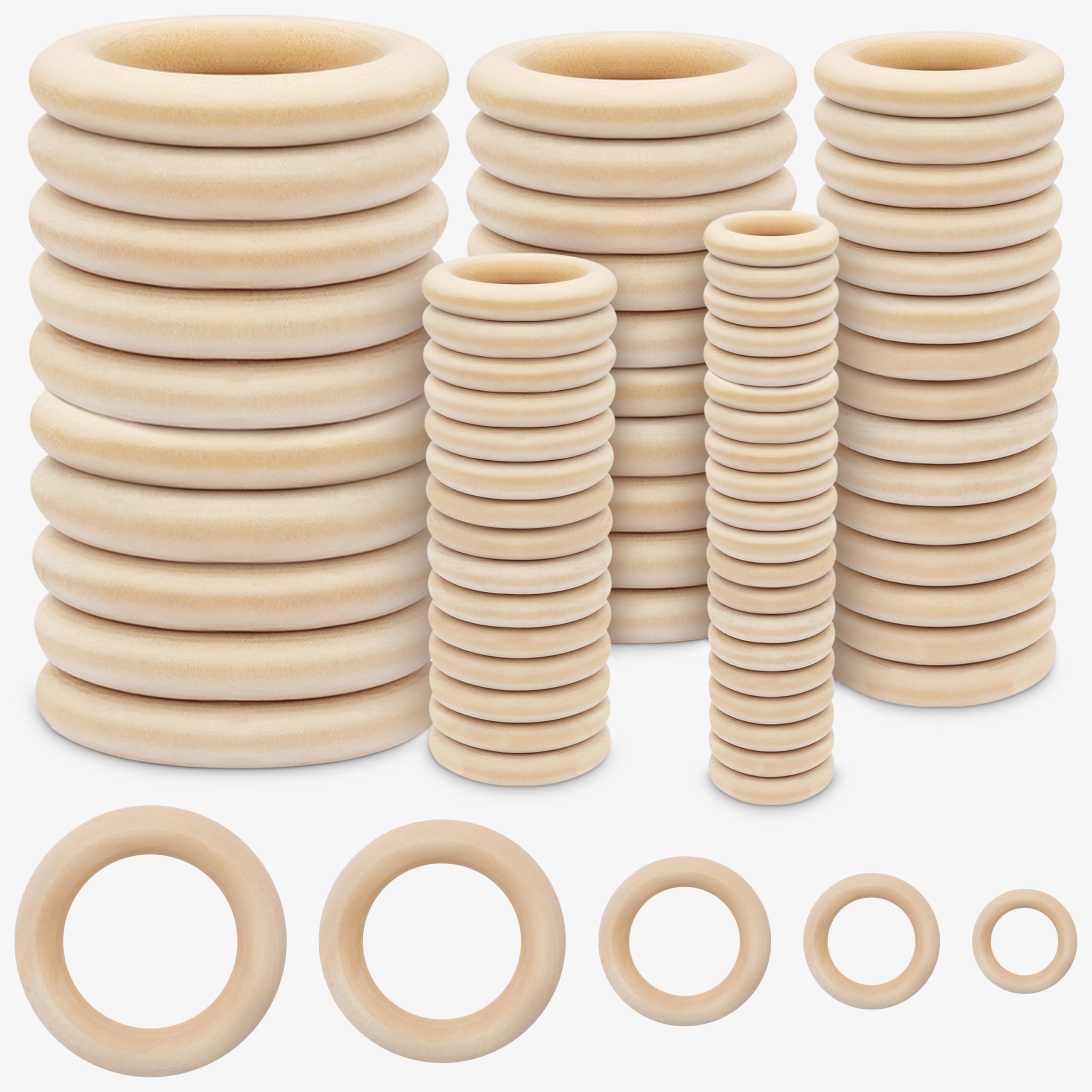 Kurtzy Natural Wooden Ring (Pack of 100) – 5 Sizes – 1.5-5.5 cm Outer Diameter – Macrame Wood Ring, Craft, Decoration, Jewellery