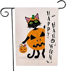 Black Halloween Cat Garden Flag Vertical Double Sided Pumpkin Burlap Yard Outdoor Decor 12.5 x 18 Inches