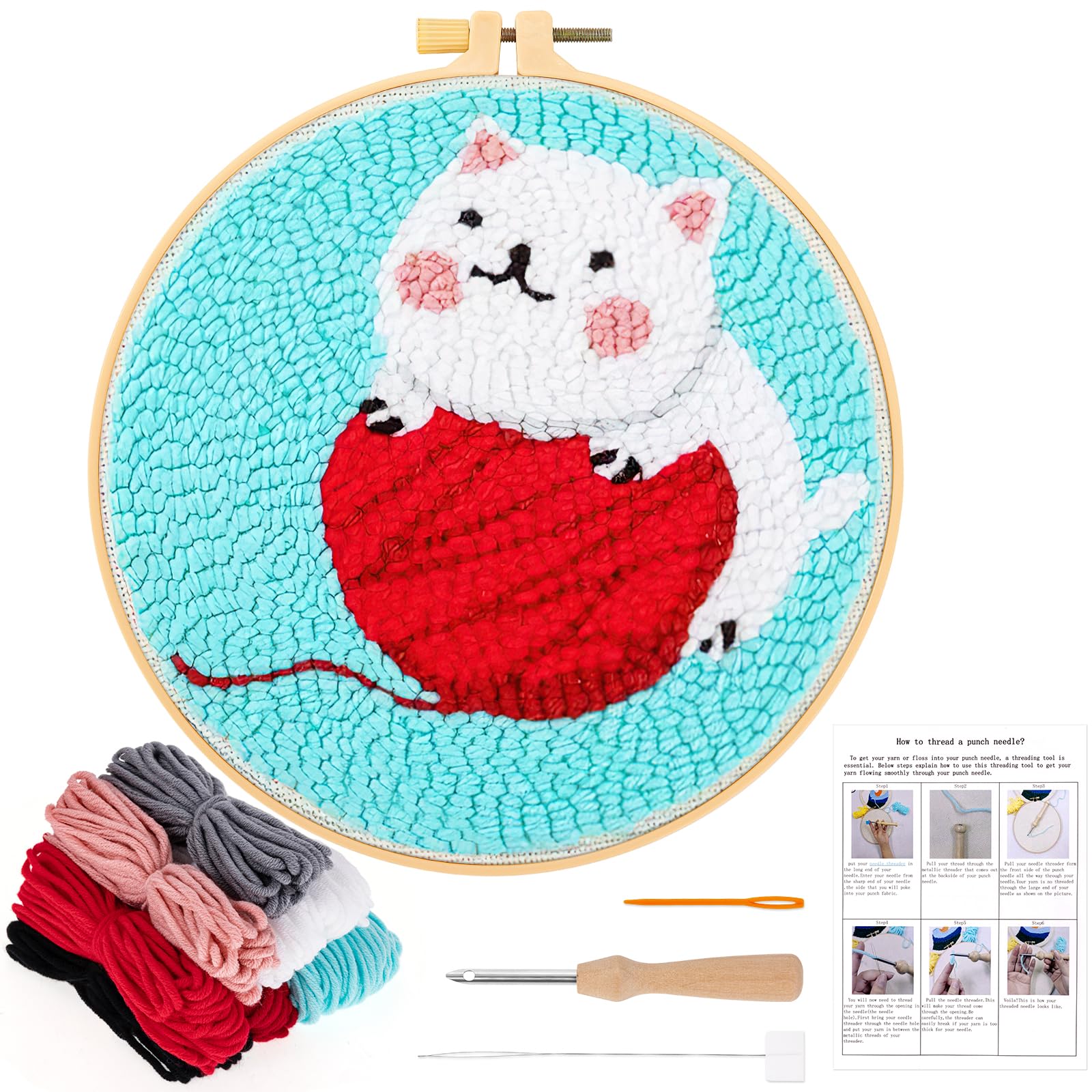 JSRQT Punch Needle Kit for Adults Beginners with Cat Pattern Punch Needle Kits Handcraft DIY Embroidery Starter for Kids Craft Craft Hoop with Instructions