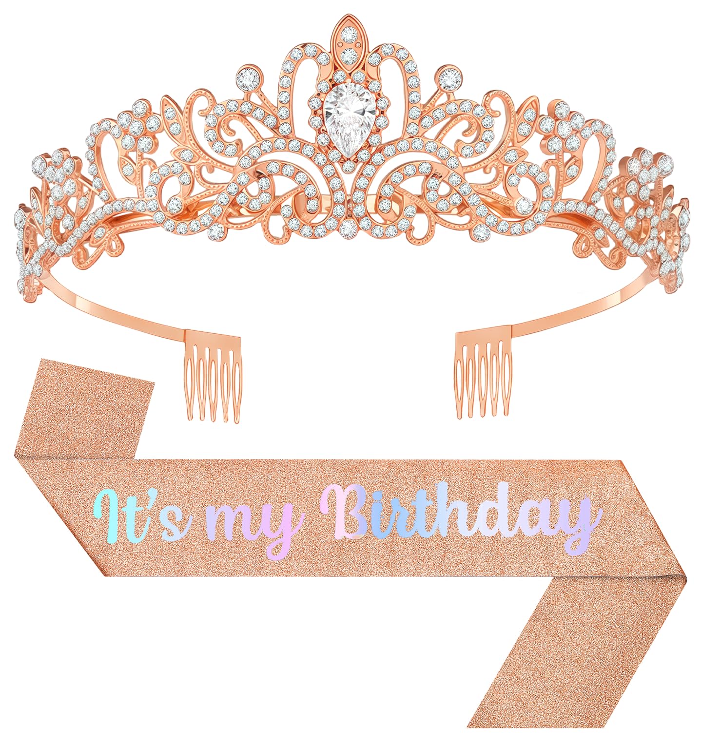 Photo 1 of Papoopy Birthday Tiara and Crown with Sash, Birthday Tiara for Women Party (Rose)
