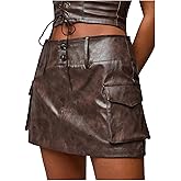 WDIRARA Women's PU Leather Cargo Skirt Retro Low Waist Button Mini Skirt with Flap Pockets