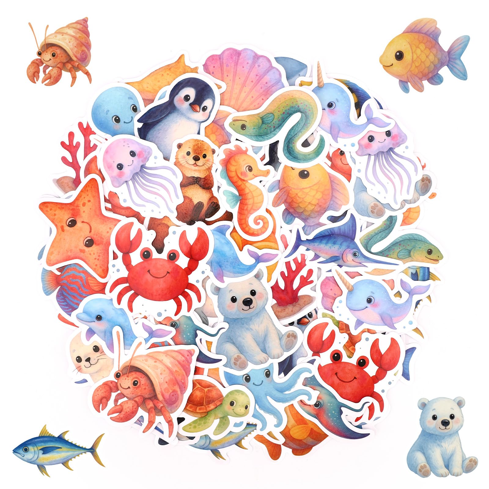 60pcs Ocean Animal Stickers, Waterproof Under The Sea Marine Life Sticker Cute Ocean Themed Fish Decals Party Gifts and Decorations for Kids Water Bottles Laptops