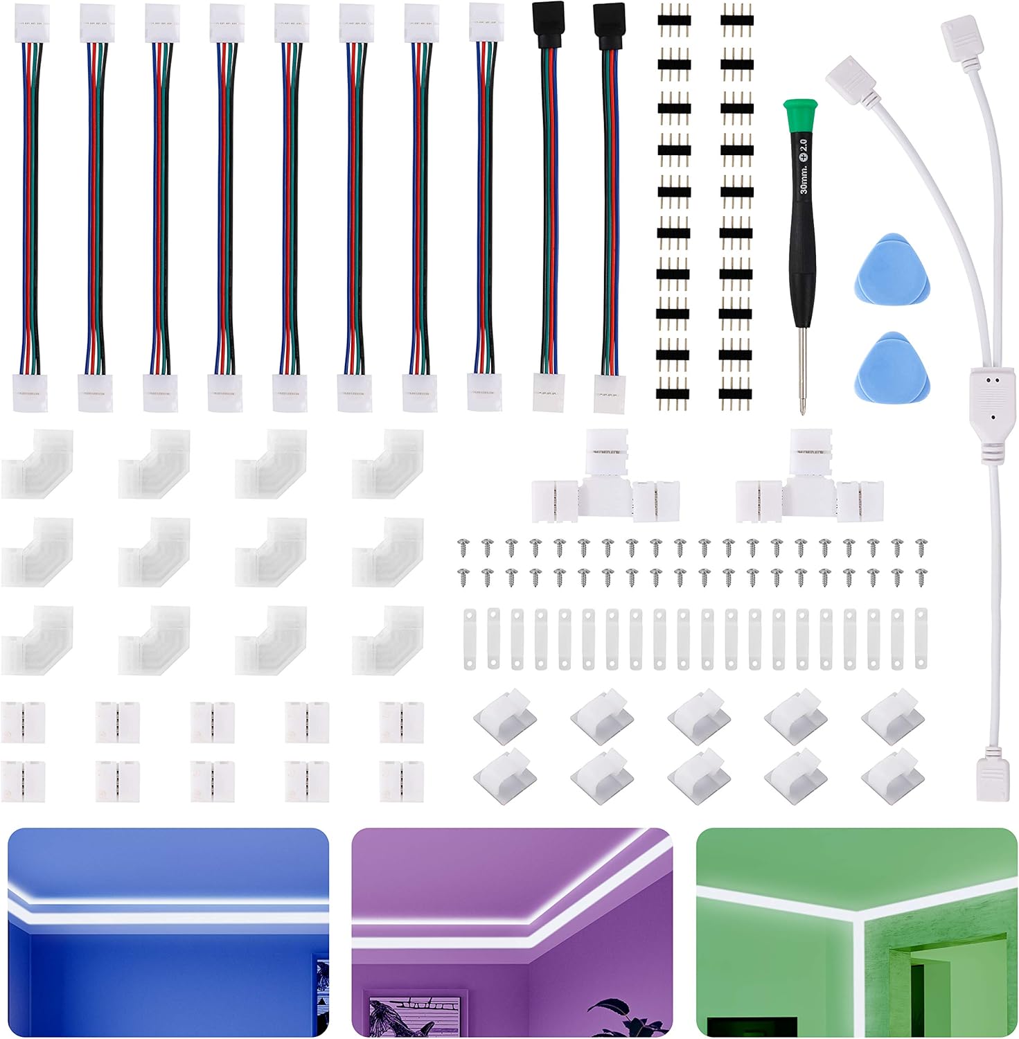 LED Strip Light Connector Kit, Led Strip Accessories Set for 5050 4 Pin 10mm RGB Led Light Strips with Connectors Clips and Tools - - 