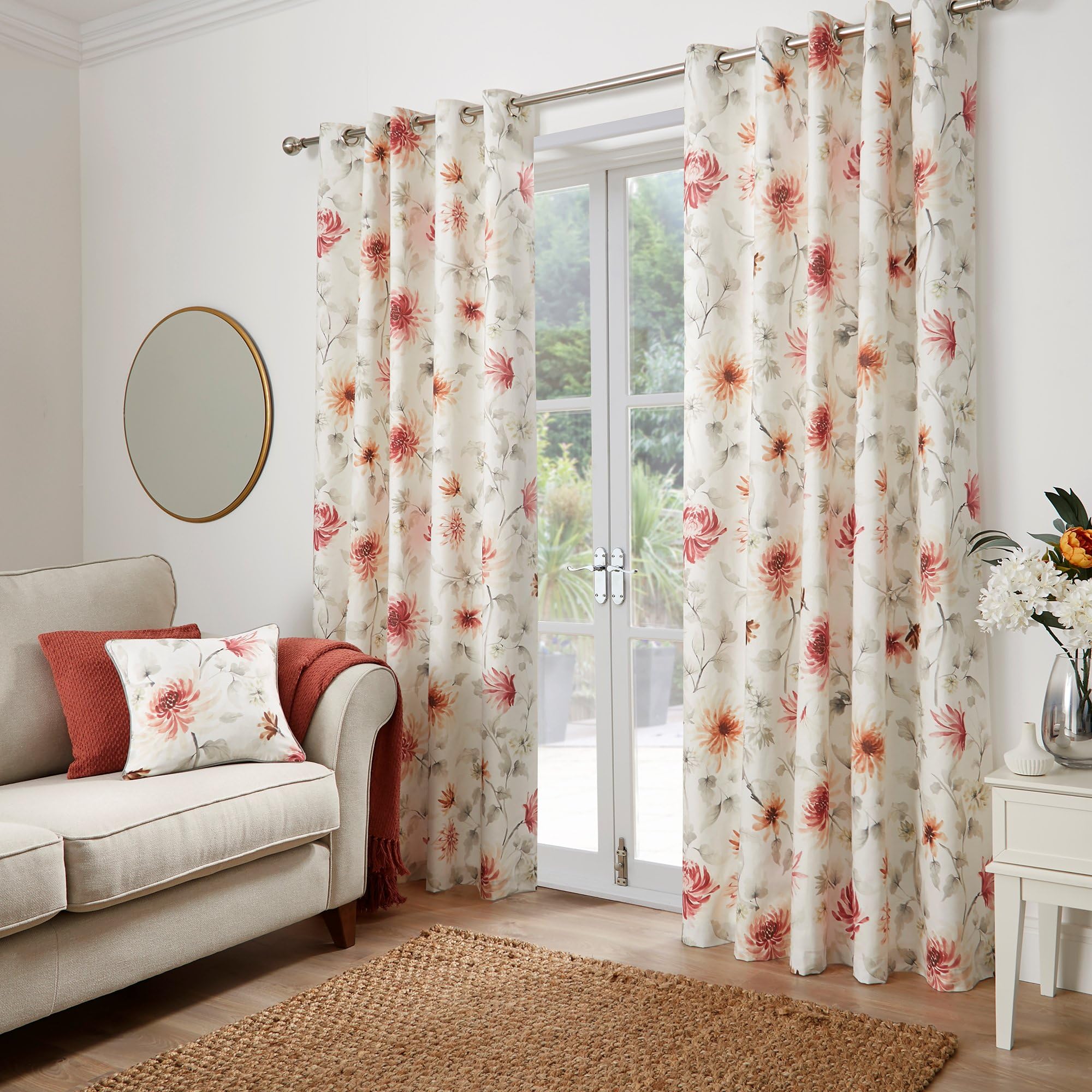 Dreams & Drapes - White & Red Floral Curtains W90 x L72" (229 x 183cm) - Coral Red Flower Eyelet Curtains - Traditional/Botanical Drapes for Living Room & Bedroom - Nadia Collection