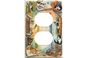 Cats Duplex Outlet Covers Wall Plate, Fanciful Vintage Books Paw Prints Fall Warm Tones Plastic Standard Size Decorative Rece