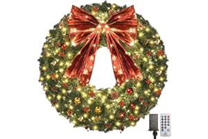 LYCKLIG Large Wreaths for Front Door, 48inch Extra Large Outdoor Christmas Wreath with Lights 300 Led 720 PVC Tips Artificial Christmas Wreath Xmas Wreath Christmas with Bow Bells Pine Cones Berry Clusters