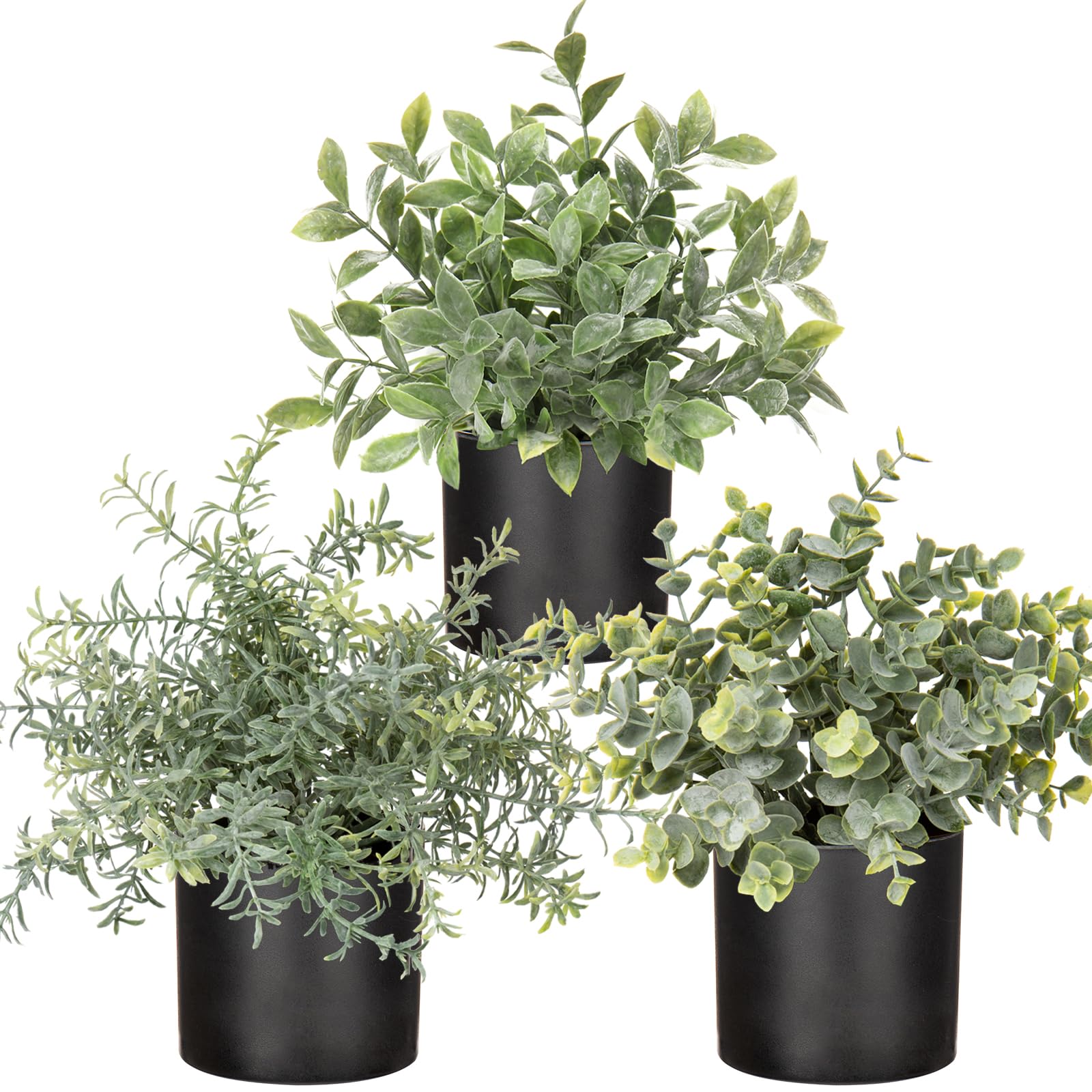 Photo 1 of 3 Pack Small Fake Plants for Shelf Decor Accents with Plastic Black Pot Artificial Potted Plants