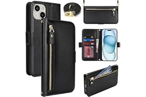 Lipvina for iPhone 15 Wallet Case for Women,Zipper Pocket,PU Leather Phone Case Stand flip Cover Crossbody Lanyard Strap Zipper Credit Card Holder Slots for Apple 15,Black