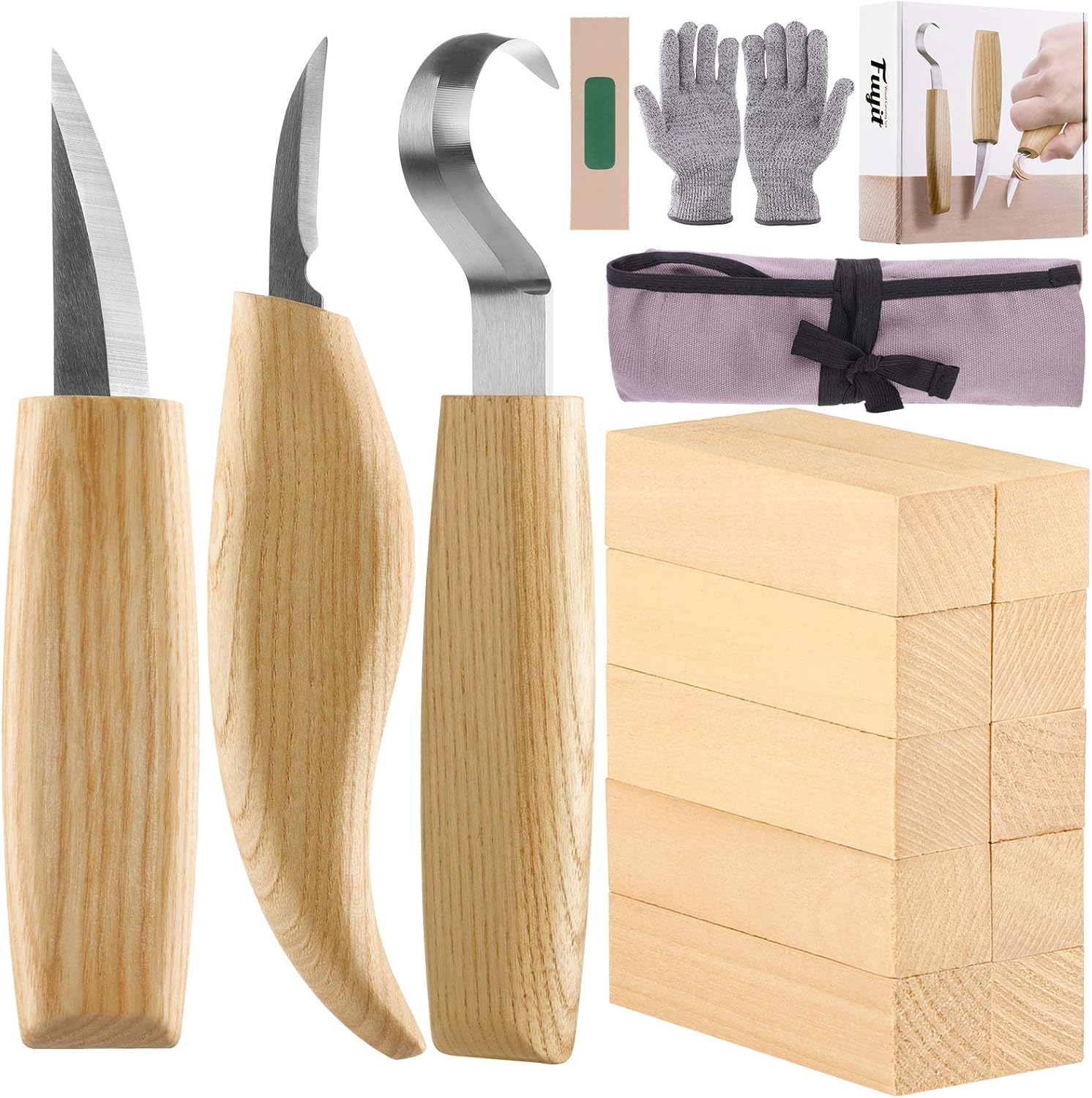 Fuyit 17pcs Wood Carving Set Wood Carving Beginner Kit Includes Carving Blocks, Hook Knife