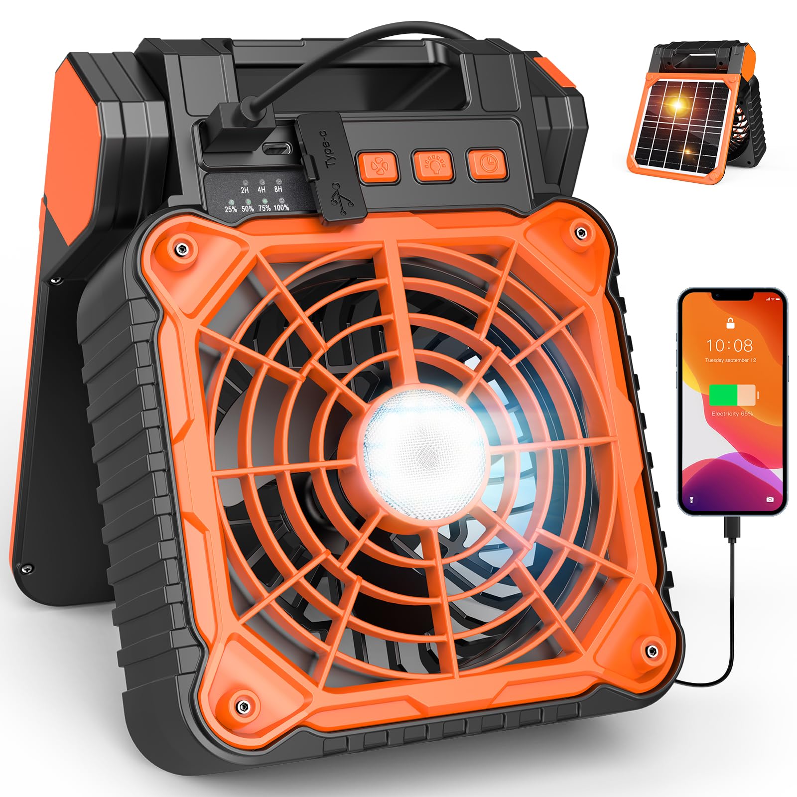 WLRMCI Rechargeable Camping Fan With Light, 10400mAh, USB Charging, For Home, Office, Travel