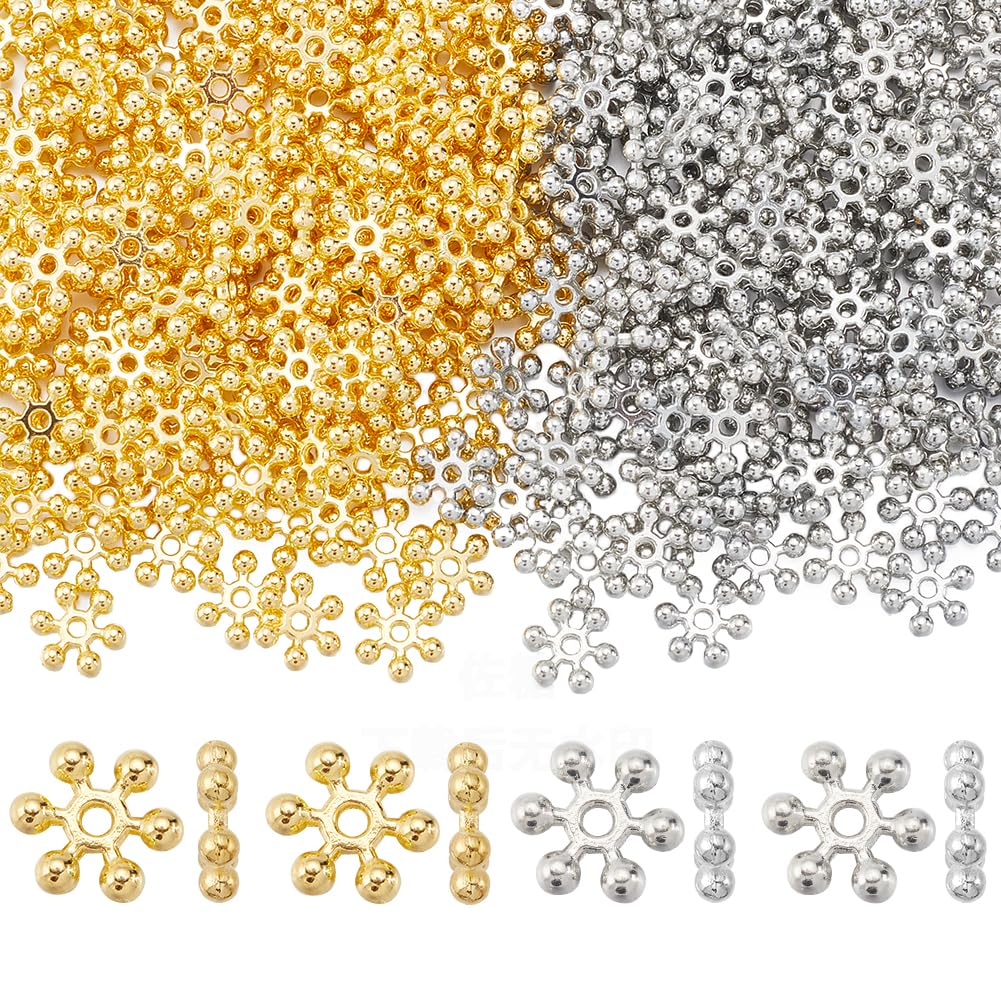 SOFPLATE 1 Box 400Pcs Snowflake Spacer Beads Silver Metal Bead Bulk Tibetan Alloy Gold 10mm Mini Flower Winter Christmas Snow Flake Spacers for jewellery Making Bracelets Earrings DIY Crafts