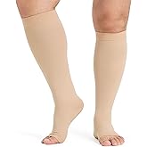 KEKING® Extra Wide Calf Compression Socks for Men & Women, 20-30 mmHg Compression Stockings Open Toe - Plus Size Knee High Support Hose for Varicose Veins, Pain Relief, Swelling, Beige XL