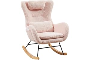LUSPAZ Small Rocking Chair Nursery, Modern Rocker Chair with High Backrest, Comfy Accent Glider Chair with Headrest and Throw Pillow (Pink)
