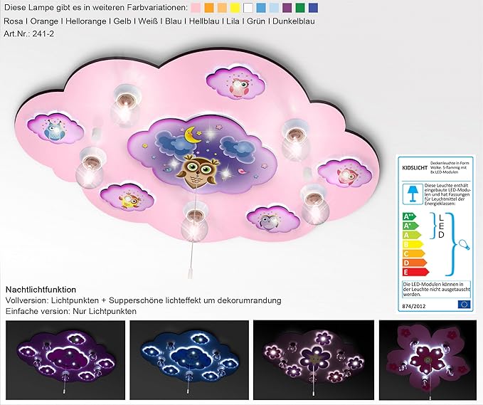 Kinderlampe Wolke Led Nachtlicht Kinderzimmerlampe 241 2 Rosa Eule Amazon De Beleuchtung