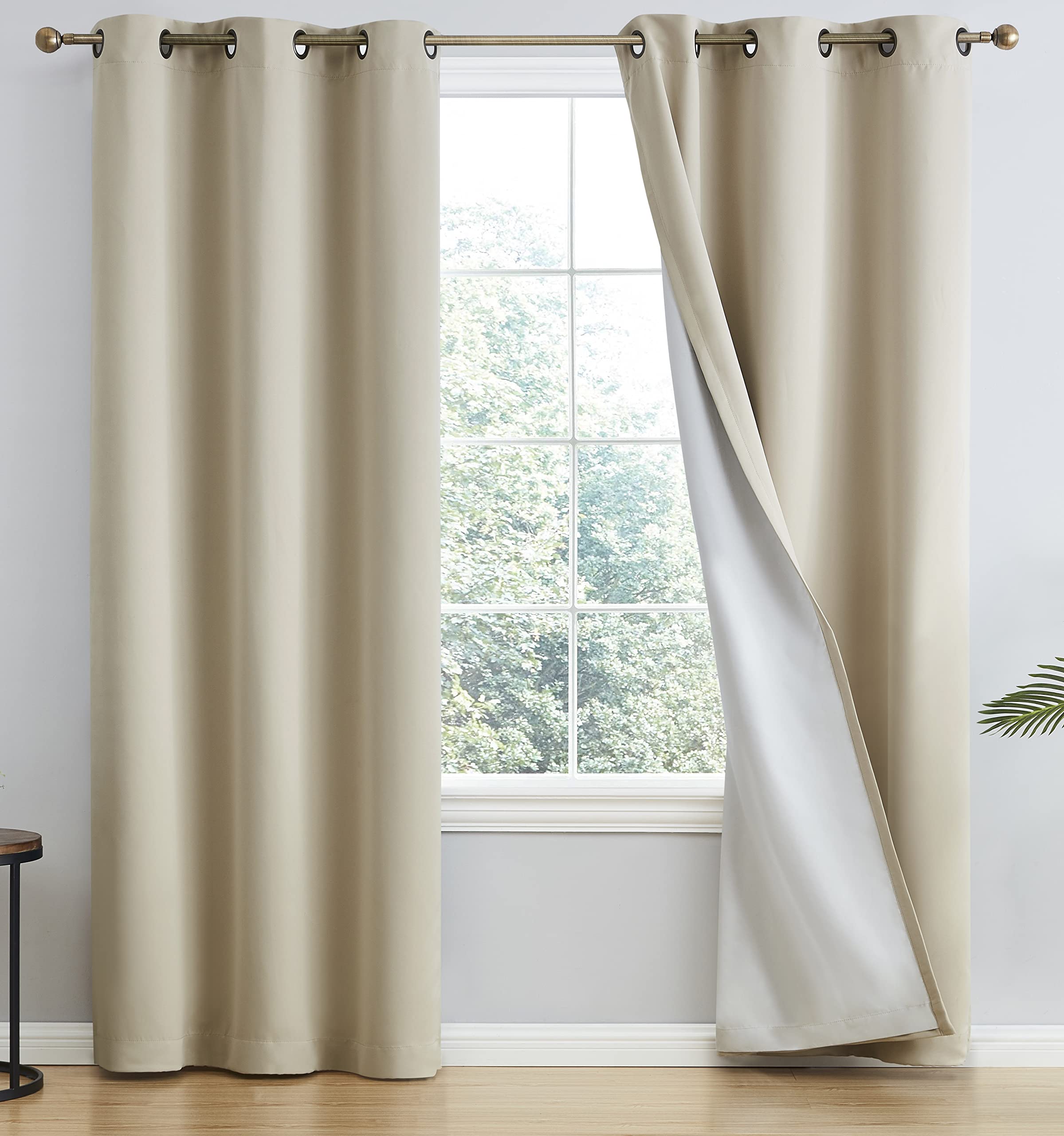 HLC.ME Dakota 100% Complete Blackout Lined Drapery with Double Layer Thermal Insulated Energy Efficient Soundproof Curtains Grommet Panels for Bedroom & Living Room, 2 Panels (42 W x 84 L, Beige) Image