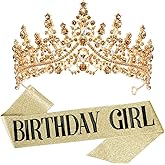 VELSCRUN Birthday Tiara Crowns for Women Girls Crystal Birthday Girl Headband Sash Elegant Princess Crown Happy Birth Party Decorations Women Sisters Birth Gift Hair Accessories