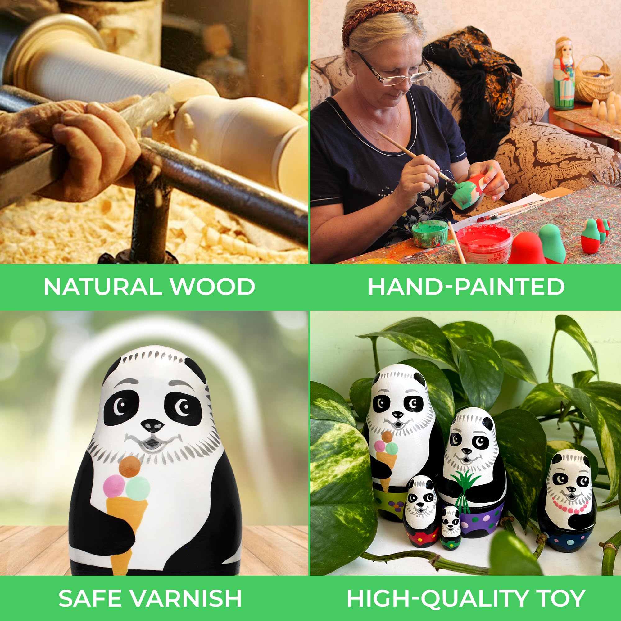 Handmade Panda Nesting Doll Set - 5 Piece Mini Hand Painted Matryoshka Wooden Russian Dolls - Hand Painted Animal Stacking Figurines - Panda Bear Room Decor