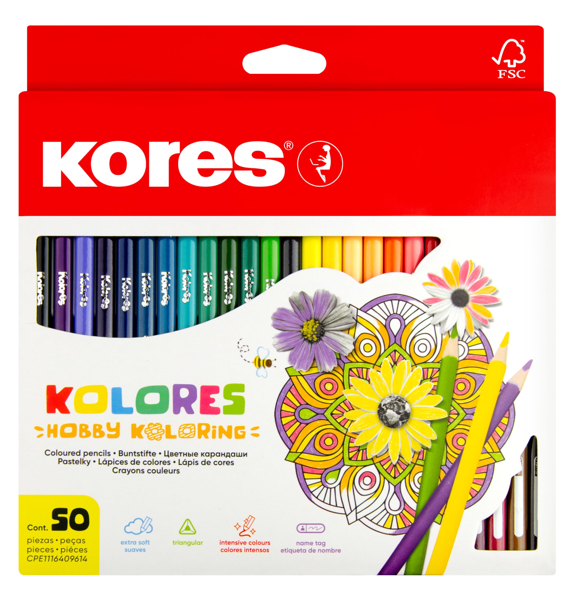 Kores - Kolores, 50 Triangular Shape Colouring Pencils - Coloured Pencils with Soft Lead, Triangular Shape, FSC Wood - Back to School Supplies - Set of 50 Assorted in Carton Case