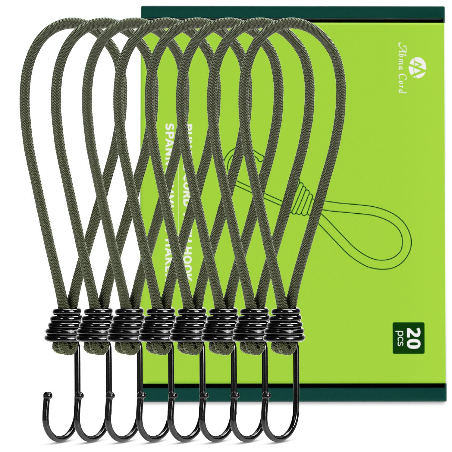 Abma Cord Bungee Cords with Hooks 23cm 20Pcs Small Bungee Ropes with Hooks Elastic Bungee Loops for Tarpaulin, Tent, Camping, Banners, Fixing - Army Green