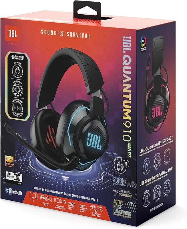 Quantum 910 Auriculares True Wireless Bluetooth, con cancelación de ruido adaptable, función gaming y carga, micrófono boom incorporado, negro