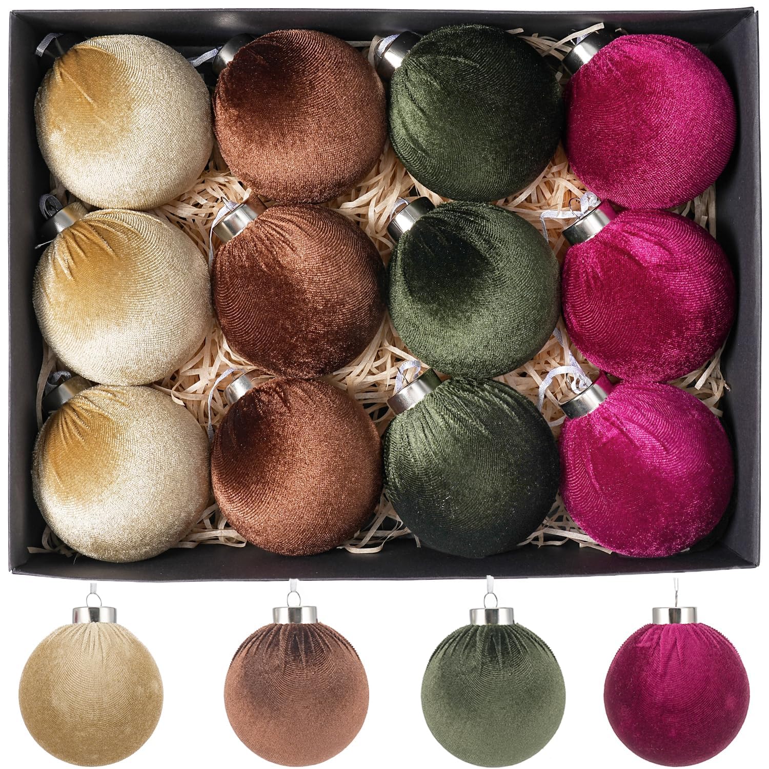 View 1 of 12 Pcs Velvet Christmas Ornaments Set - Burgundy Green Coffee Brown Large Shatterproof Christmas Tree Decorations, 3.15 Inch Multicolor Velvet Balls for Xmas Tree, Home, and Party Decor