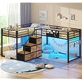 L-Shaped Triple Bunk Beds Twin Size, Staircase &amp; 6 Storage Drawers, Black | 3 Twin Beds, All-Around Safety Guardrails, Storage Staircase, 6 Fabric Drawers, Side Storage Pocket, Easy Assembly