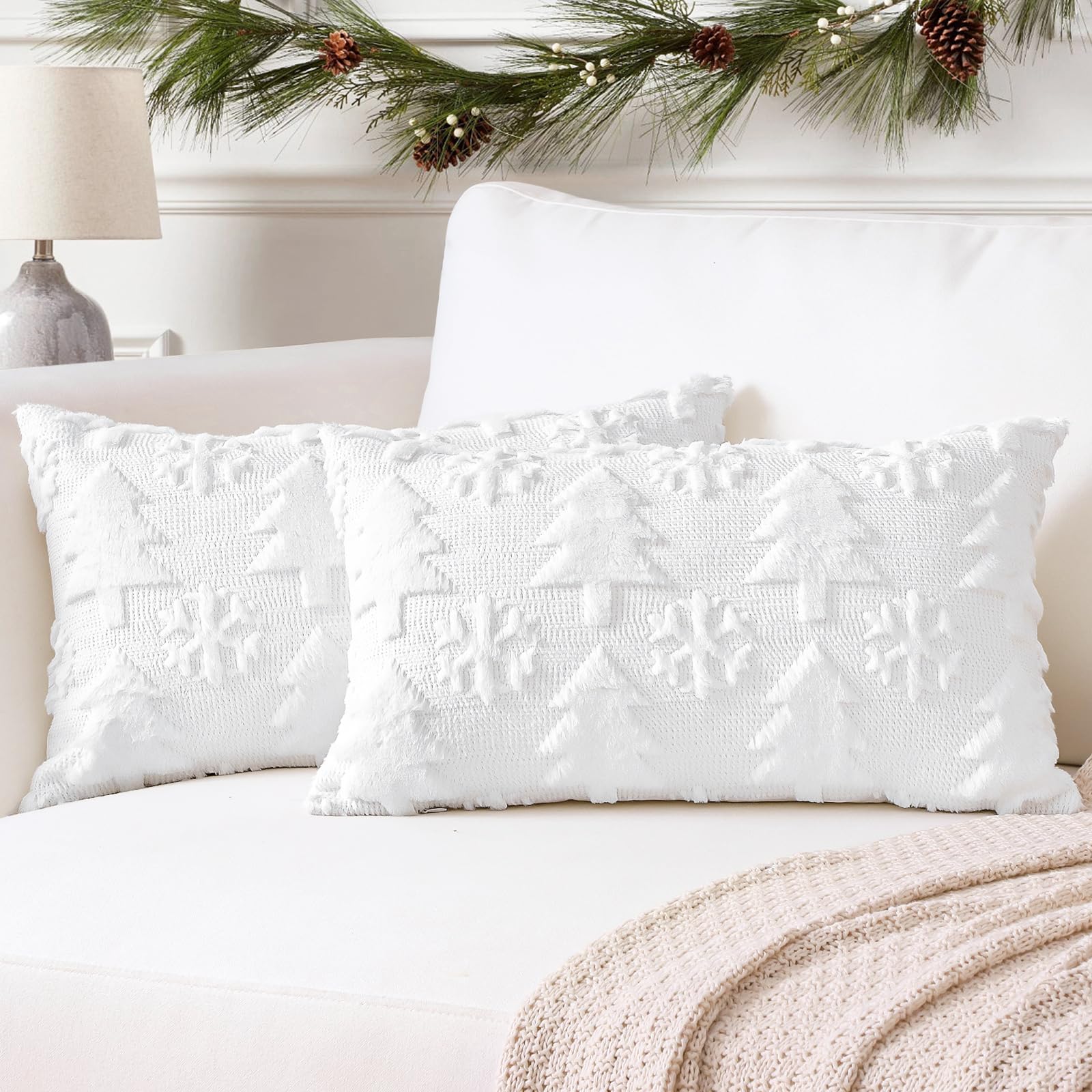 Artscope Set of 2 Xmas Soft Plush Short Wool Velvet Decorative Cushion Covers 40x60cm Luxury Style Throw Pillow Covers Pillow Shell for Sofa Bedroom Christmas Tree and Snowflake White,
