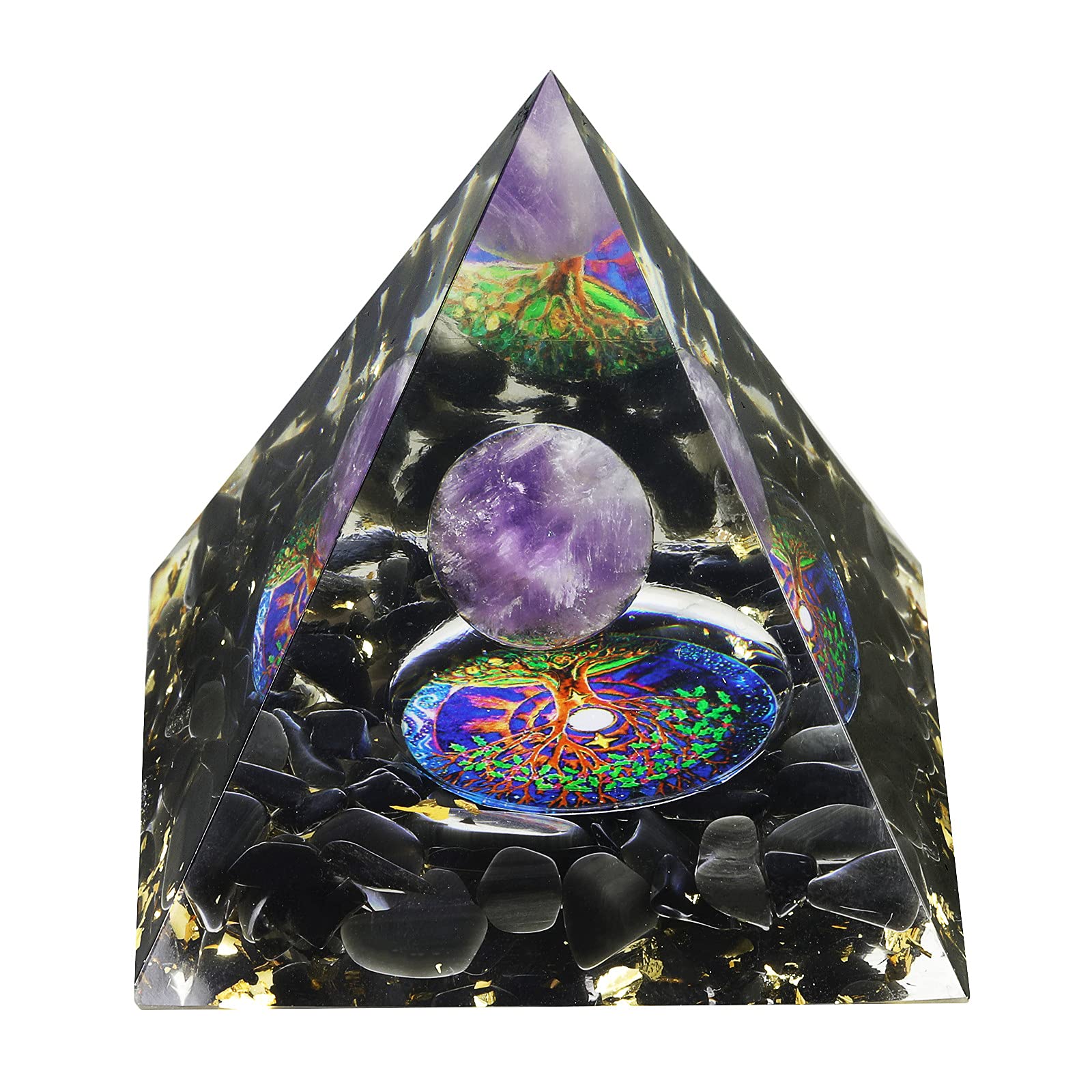 Nupuyai Amethyst Sphere Healing Crystal Pyramid with Gift Box, Tree of Life Symbol Spiritual Ornament Quartz Point Reiki Energy Figurine for Protection
