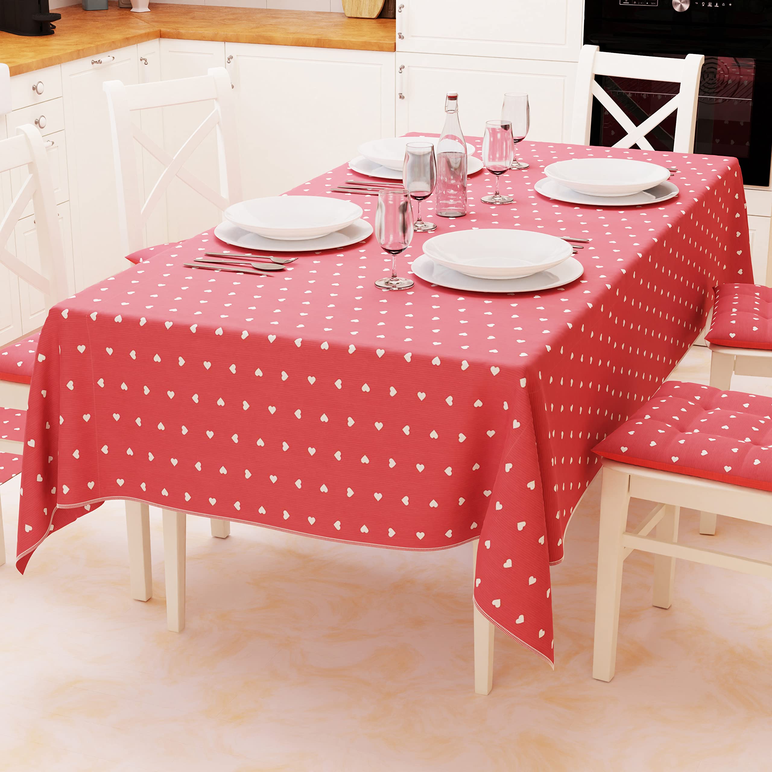 PETTI Artigiani Italiani - Table cloth, tablecloth, tablecloth for the kitchen made of cotton, red hearts (140 x 360 cm), 100% made in Italy